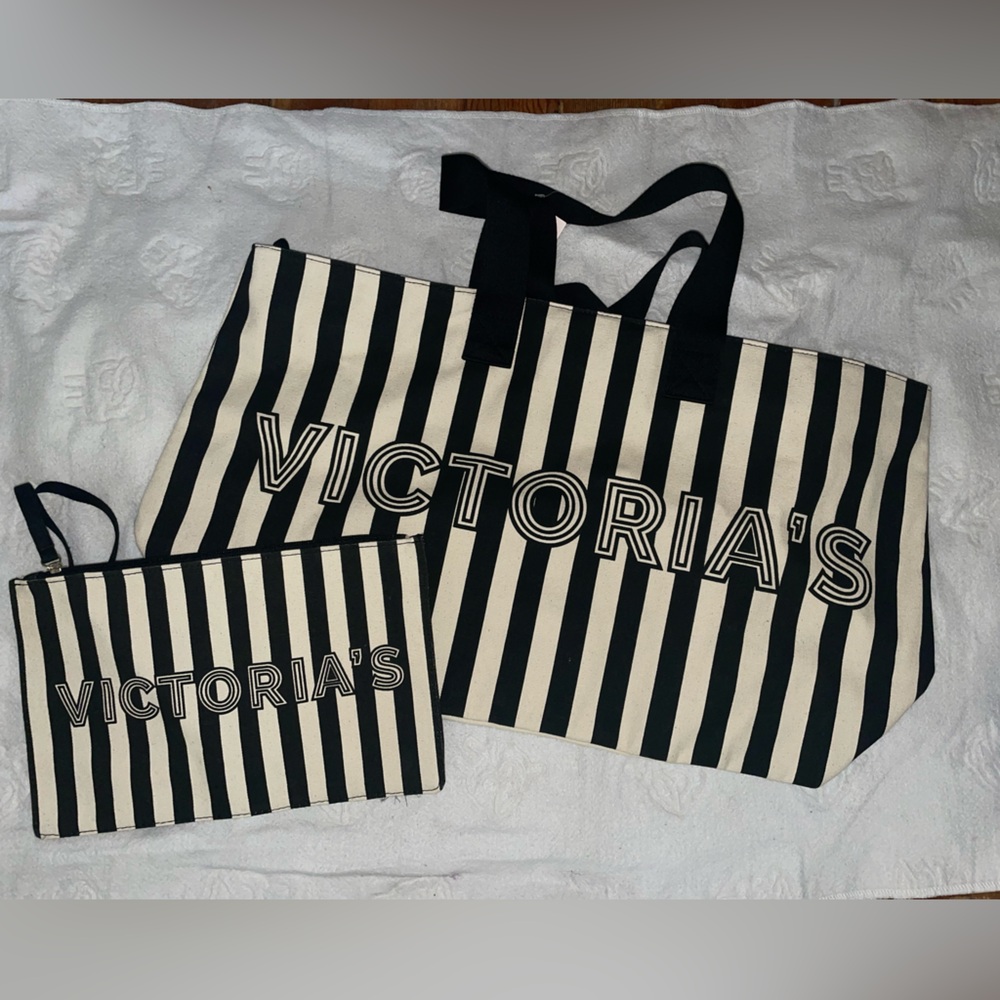 Large Victoria's Secret Black and White Striped Tote and Pouch